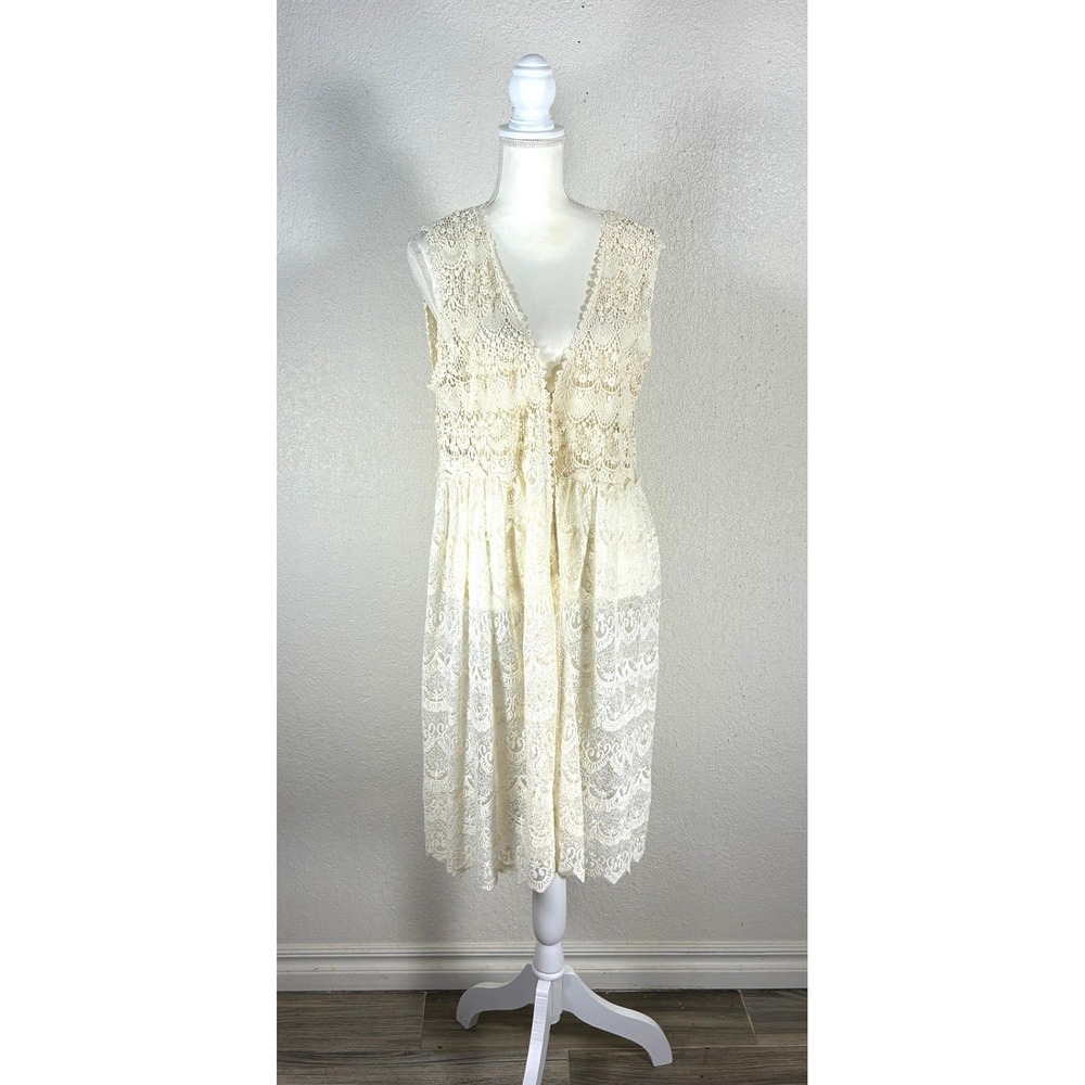 Lady Noiz Cream Cotton Crochet Lace Longline Vest Cardigan Ivory Boho AB009 L